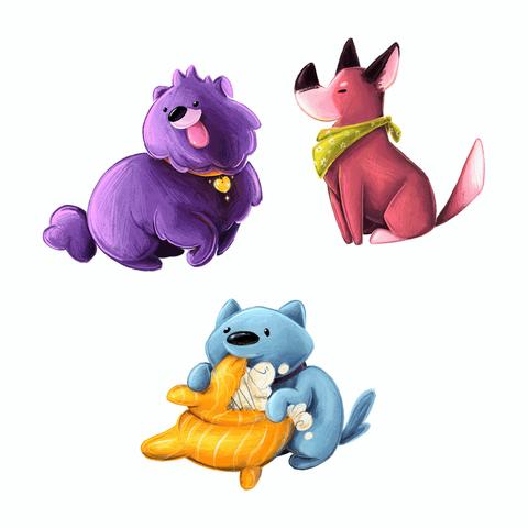 3 different dogs drawn digitally over a white background: on the top left is a fluffy dog sitting while looking back with a front leg up and their tongue out. They have deep dark purple fur and an orange necklace on which a shiny heart-shaped medal hangs. 
On the right is a proud, more angular dog that looks a bit like a Shiba Inu. They have pinkish fur with a clearer muzzle, feet, and tail tip. They’re sitting proudly showcasing their profile. They’re wearing a green bandana with a light flower pattern.
On the bottom is a greyish blue dog who looks quite puppy-like. They are in the process or tearing a yellow pillow apart.