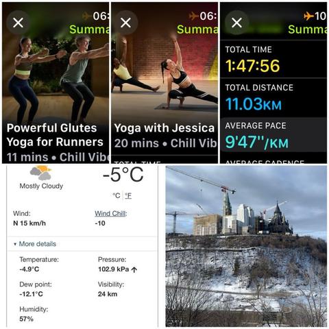 Grid of iOS screenshots and a photo:
1) Apple Fitness Powerful Glutes Yoga for Runners, 11 mins.

2) Apple Fitness Yoga with Jessica, 20 mins.

3) Apple Fitness Walking Details:
Total Time: 1:47:56.
Total Distance: 11.03 KM.
Average Pace: 9'47"/KM.

4) Environment Canada site showing -5°C, -10 windchill, 57% humidity, and 15 KM/H wind.

5) Photo looking at Parliament Hill from Majors Hill Park, showing the snow-clad hill under a grey sky.