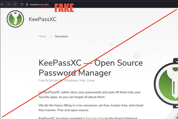 Screenshot of fake KeePassXC website with hyphen and .com top-level domain.