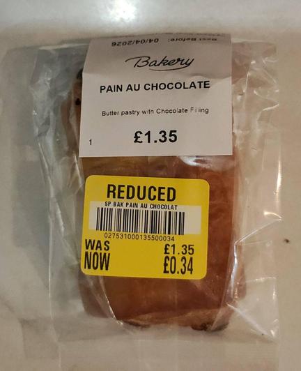 A pain au chocolat from Spar, marked down to 34p