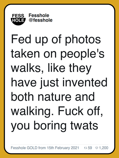 Fed up of photos taken on people's walks, like they have just invented both nature and walking. Fuck off, you boring twats

Fesshole GOLD from 15th February 2021