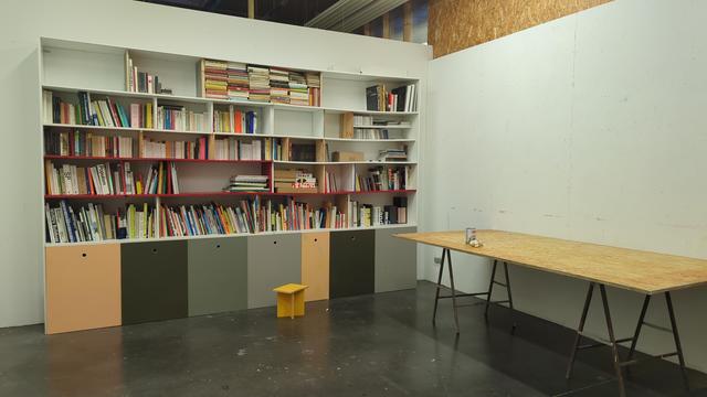 Our new workshop in Le Bel ordinaire, with a huge shelf and all our books, cassettes, CDs and vinyls carefully stored and sorted.
