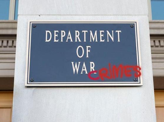 A photoshop of the plaque outside the Department of Defense, which now says Department of War.  It has been defaced with graffiti that says "Crimes" next to the word "War."