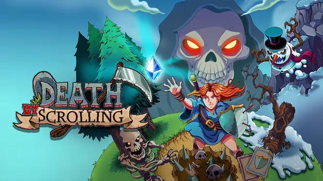 Key art for the game Death by Scrolling. Skylar is running from death and reaching for a gem.