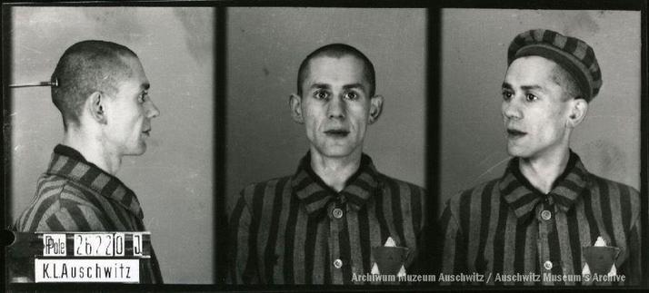 A mugshot registration photograph from Auschwitz. A man with a shaved head wearing a striped uniform photographed in three positions (profile and front with bare head and a photo with a slightly turned head with a hat on). The prisoner number is visible on a marking board on the left.