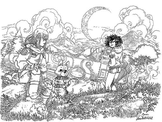 Les personnages de Bolchoi Arena devant un vaisseau spatial, à la surface d'une planète lointaine