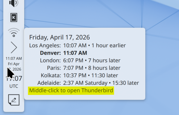 A screenshot showing how, right clicking on the calendar widget in the panel, will open a popup that let's you access your chose calendar app.