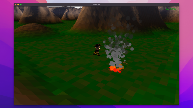 3D low-poly scene of a fireman running towards a fire.