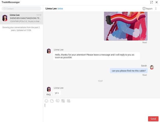 a messaging UI (alibaba?) showing someone sending Linna Lee from SXT Co Ltd the long bacon idc connector meme and asking if they can supply the cable