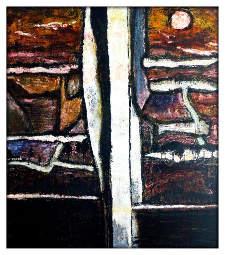 A colour photograph of an abstract painting showing the view from a window with a vertical frame section passing through the centre of the frame with sections of curtain either side. Under a deepening red and yellow burning sky sits areas of landscape related to the view in narrative form.