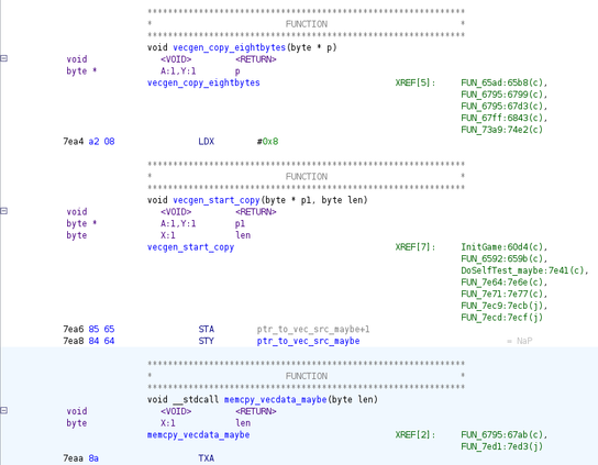 ghidra screenshot of 6502 assembly where there are three functions, but the first one sets a register and then falls into the second, and the second writes some variables and then falls through into the third.  they are all called separately in different parts of the code.