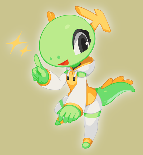 KDE ready to spring into action, adding new features and squashing bug, sporting a yellow-orange hoodie and white shorts, and white leggings.