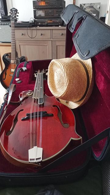 The mandola in the foreground is an Eastman MDA 815, a wonderful, very precise and top processed instrument, absolutely octave-pure. The same goes for the Hofner Bluetone HCT-SL-E2 from the Contemporary series with Thomastik flatwound strings and damn clean humbuckers. I was lucky enough to buy the jazz guitar used at a very low price.