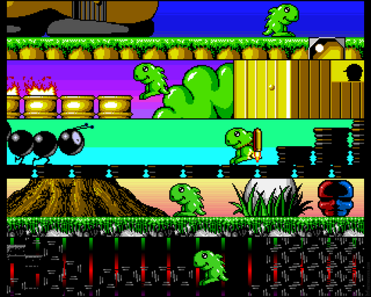 A low-resolution pixel art image, divided into five sections, each showing a scene from the 1992 Amiga game Hoi.