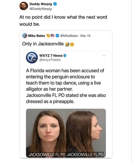 @DaddyWarpig
At no point did | know what the next word would be. 

@ Mike Bales
Only in Jacksonville

WXYZ 7 News 
A Florida woman has been accused of
entering the penguin enclosure to
teach them to tap dance, using a live
alligator as her partner.
Jacksonville FL PD stated she was also
dressed as a pineapple.