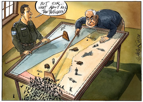 The picture shows Bibi playing at war with a model of Gaza. He is pushing lots of little Palestinian figures onto the floor.
An aide says, But sir, what about the refugees?