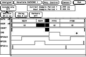 snapshot of logic analyzer screen with 7 lines being watched, skinny and wide pulses along with data/addr lines. I barely remember a thing about it, but I was deep into it back then.