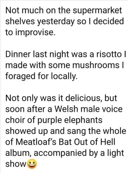 Not much on the supermarket
shelves yesterday so | decided
to improvise.

Dinner last night was a risotto |
made with some mushrooms |
foraged for locally.

Not only was it delicious, but
soon after a Welsh male voice
choir of purple elephants
showed up and sang the whole
of Meatloaf’s Bat Out of Hell
album, accompanied by a light
show