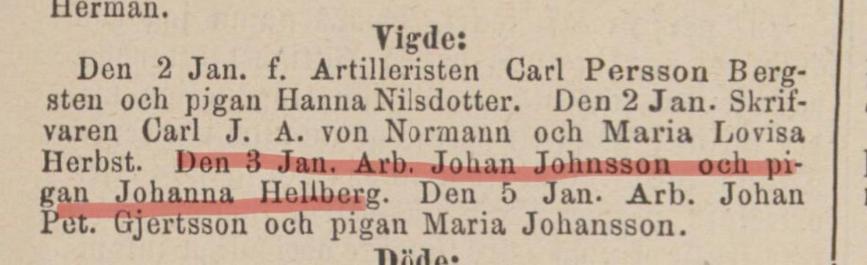Korrespondenten 1876. Vigda. Pigan Johanna Hellberg och arbetaren Johan Johnsson