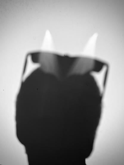 Shadow on wall of person with their reader glasses on top of (short hair) head. The light casting the shadow is also shining through the reading glasses causing cones of light on the wall, which taken in context looks like the person has translucent horns.