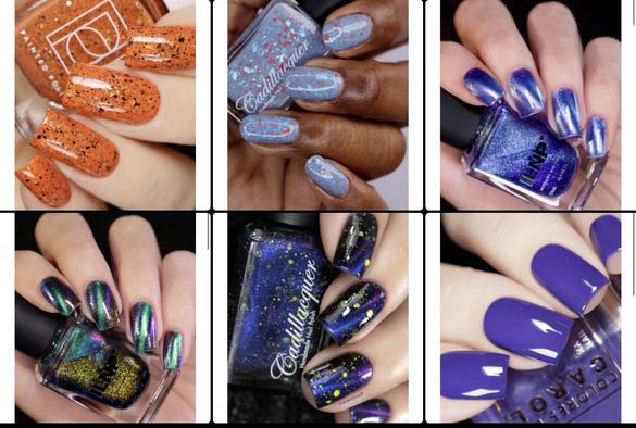 Six close-up images of colorful, patterned nail polish on fingernails.  
Top row from left: Orange speckled nails, blue with pink and white specks, metallic blue.  
Bottom row from left: Multicolored metallic, dark nails with yellow and green splashes, solid purple.