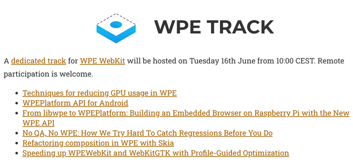 Screenshot of WPE Track session at the hackfest website: https://webengineshackfest.org/#wpe-track