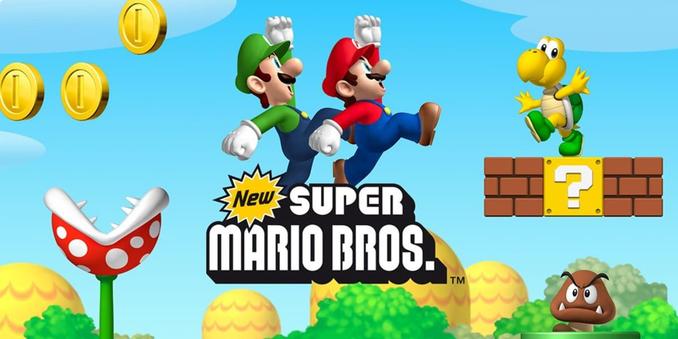 Mario and Luigi jumping in art work for New Super Mario Bros.