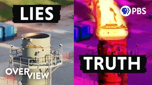 On left, a photo of a cooling tower with the word "lies." On right, the same photo in infrared showing a plume of vented heat with the word "truth"