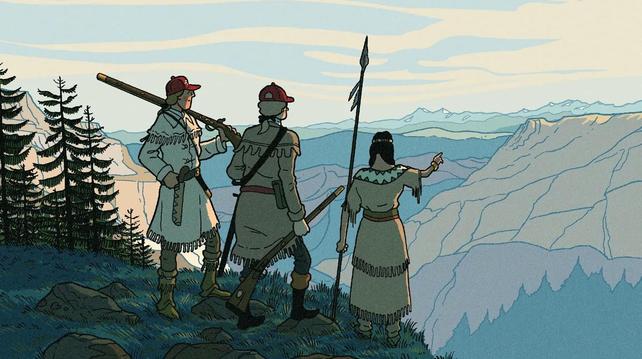 Cartoon depiction of explorers Lewis and Clark, with a native American, presumably Sacagawea.