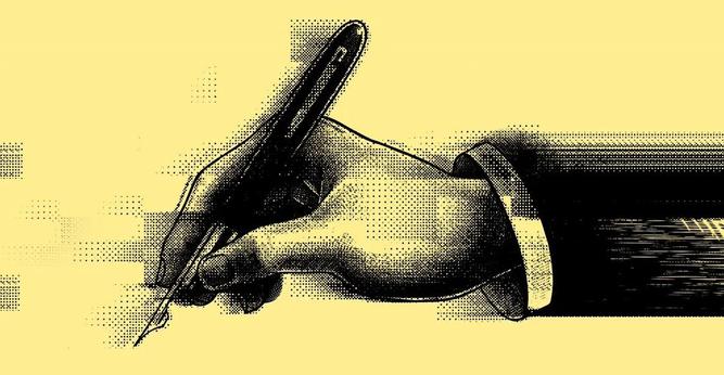 Depiction of a hand writing with a pen