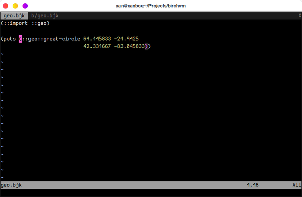a small birch program invoking the great circle formula for finding the bearing and distance between two geodesic points