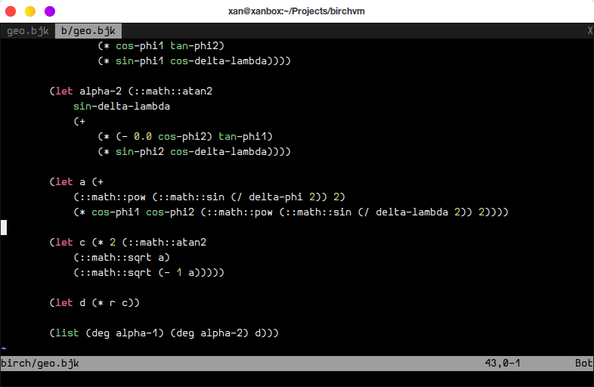 snippet of the birch implementation of the great circle formulae