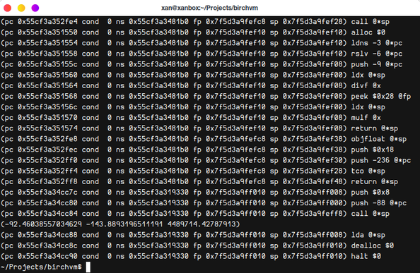 bytecode VM trace and calculation result bring printed to screen

The start bearing from Reykjavík to Detroit is -92.46 degrees, ending at -143.89 degrees; the distance is 4489714.42 meters