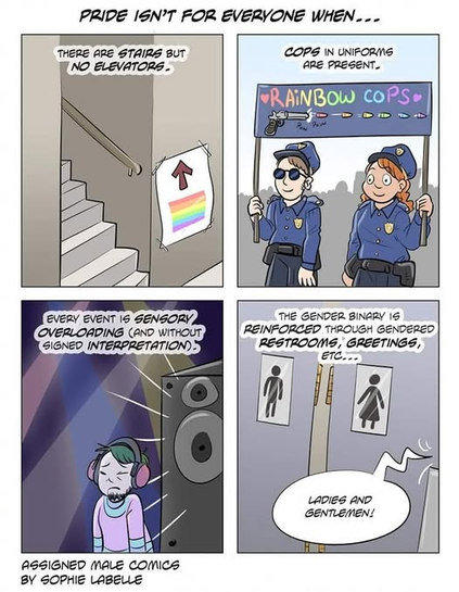 A four-panel comic by Sophie Labelle titled "PRIDE ISN'T FOR EVERYONE WHEN...".

Panel 1: A steep concrete staircase with a handrail. Next to it, a taped-up sign features an arrow pointing upward above a rainbow flag. Text: "THERE ARE STAIRS BUT NO ELEVATORS."

Panel 2: Two police officers in blue uniforms march in a parade. They hold a banner that reads "RAINBOW COPS" with hearts and an illustration of a gun firing rainbow-colored bullets. Text: "COPS IN UNIFORMS ARE PRESENT."

Panel 3: A person wearing noise-canceling headphones winces in front of a massive, loud speaker under flashing club lights. Text: "EVERY EVENT IS SENSORY OVERLOADING (AND WITHOUT SIGNED INTERPRETATION)."

Panel 4: Separate restroom doors with traditional male and female stick-figure signs. A speech bubble from off-screen reads, "LADIES AND GENTLEMEN!". Text: "THE GENDER BINARY IS REINFORCED THROUGH GENDERED RESTROOMS, GREETINGS, ETC..."

Bottom text reads: "ASSIGNED MALE COMICS BY SOPHIE LABELLE."