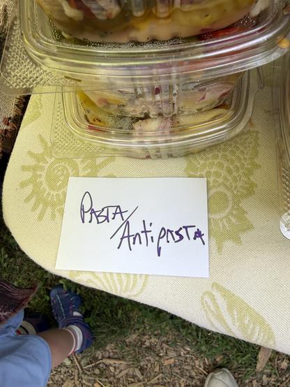 Plastic containers labeled “pasta/antipasta”