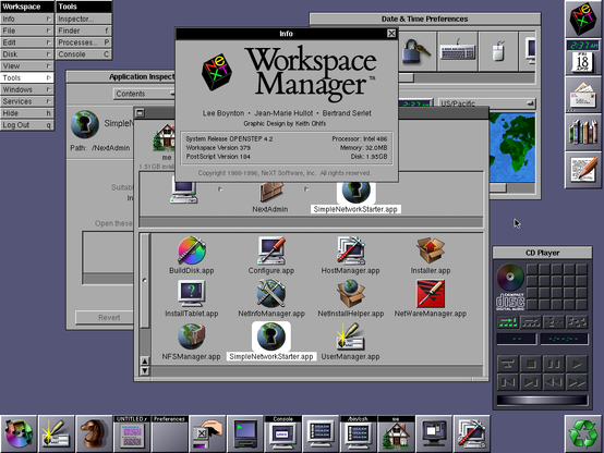 A screenshot of OpenStep 4.2's Workplace Manager® with the About screen. The desktop environment features 64x64 pixel squares arranged in a vertical dock full of launchable (or running) applications, and with a bottom dock of running applications and minimised windows. the really sleek CD Player application is also running.