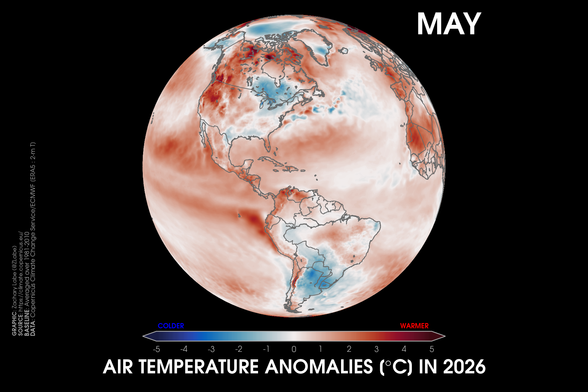Orthographic map showing 2-m air temperature anomalies in May 2026 relative to a 1981-2010 baseline. This visualization shows North and South America. There was quite a bit of spatial variability in the pattern of anomalies.