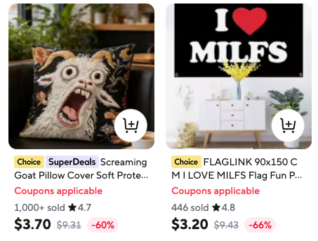 Screen shot of 2 items offered for sale on aliexpress.us. The first is "Screaming Goat Pillow Cover" and it's a square cushion cover with a cartoon drawing of a screaming goat. Next to it is a 150cm x 90cm flag that says I heart MILFS. It's presented on the wal behind a tasteful cupboard with a nice vase of plants on it. As if some very respectable person might just have a gigantic black and white "I love MILFS" flag in their foyer.