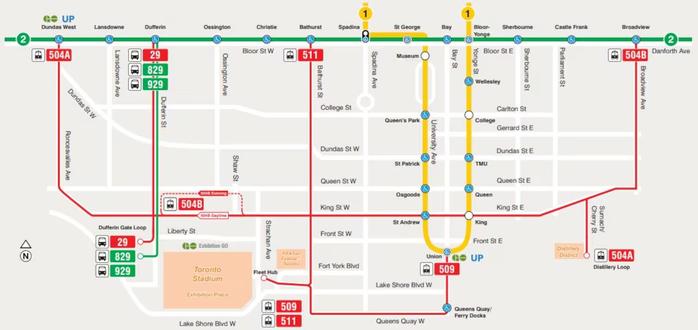 Transit Map of the Match Area
Access to Toronto Stadium from Line 2 Bloor-Danforth
* Dundas West Station - 504A tram to Dufferin St, 29/829/929 south to Dufferin Gate Loop
* Dufferin Station - 29/829/929 bus south to Dufferin Gate Loop
* Bathurst Station - 511 tram south to Fleet Hub
* Broadview Station
- 504B tram to Bathurst St, 511 tram south to Fleet Hub
- 504B tram to Dufferin St, 29/829/929 bus south to Dufferin Gate Loop
- 504B tram to Line 1 (King Station or St Andrew), south to Union Station, 509 tram south-southwest to Fleet Hub
Modifications
* 929 Dufferin Express bus will have extra service and express shuttles to and from Line 2 on match days
* 504 King tram will have extra match day service
* 63 Ossington bus will have extra buses to ease congestion and service into Liberty Village, unless Strachan Avenue is closed
* Expanded service will be available on WheelsTrans in case of increased demand
* If needed, there will be contingency express bus service on match days to ease any service disruptions
