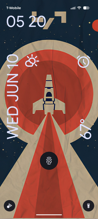 Screenshot of lock screen. Showing an artistic spaceship from No Man's sky that looks like an old poster