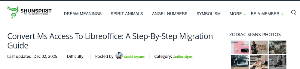 Screenshot of the header of an article on a site called "Shunspirt: find your path to inner peace". Navigation elements include "Dream Meanings", "Spirit Animals", and "Angel Numbers". The title of the article is "Convert Ms Access to LibreOffice: A Step-by-step Migration Guide". It is in the "Zodiac signs" category.