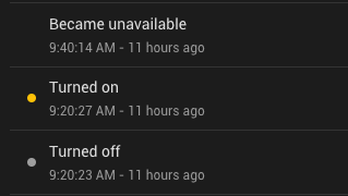 A log that shows a light being turned off and on at 9:20 am and turned off 9:40 am