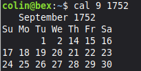 Running cal 9 1752 shows the missing days.