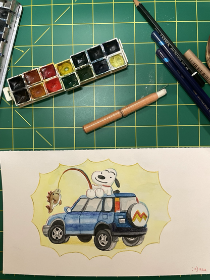 a dog holding a fishing rod, sitting on top of the best car ever made (a honda crv mk1)