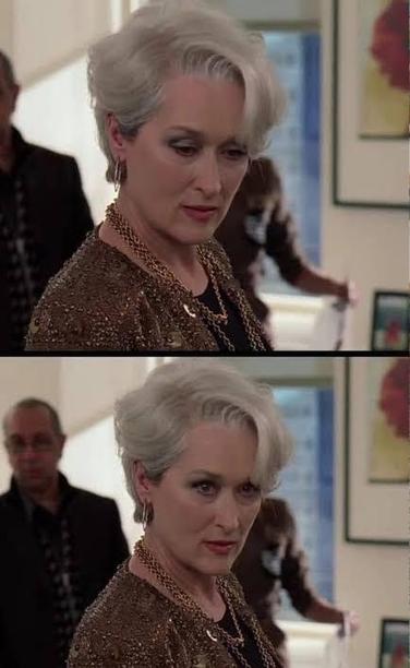 A screenshot of a scene from Devil Wears Prada, where Miranda is seen looking disappointed.