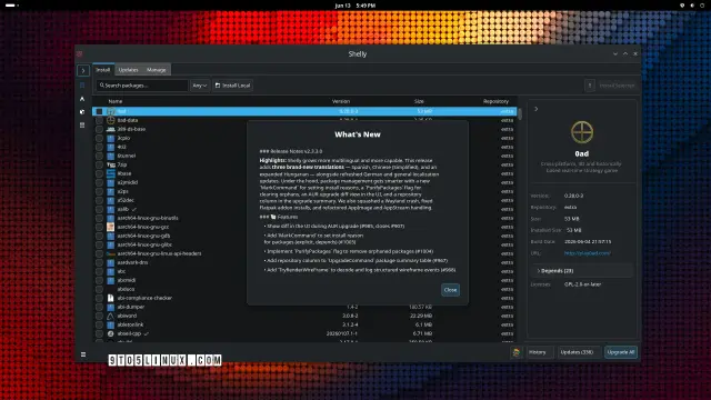 A screenshot of Shelly 2.3.3 showing the main window while viewving the Arch Linux repository, and the What's New dialog.