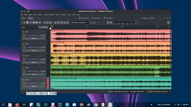 A screenshot of Audacity 4 showing the main interface while editing several audio tracks.