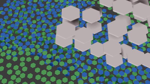 Abstract river and land as viewed just above a cloud. The objects are formed via hexagon discs.