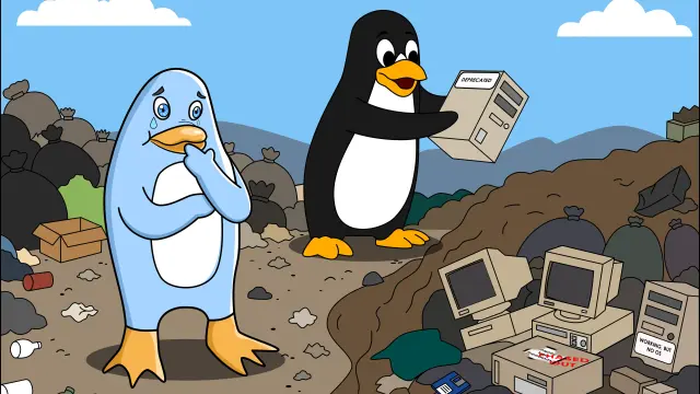 GNU Linux-libre and Tux mascots are cleaning up old PCs.