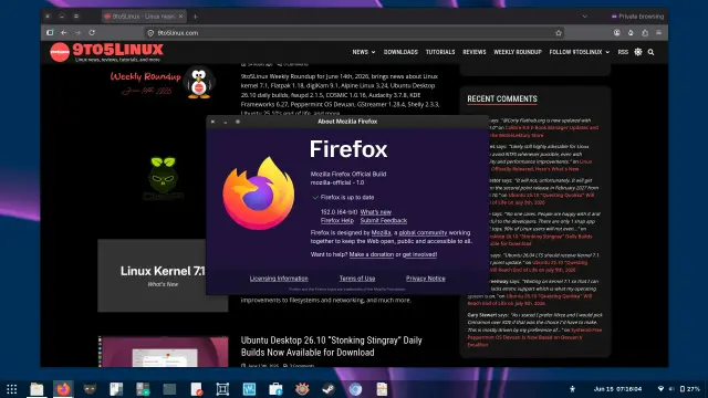 A screenshot of Firefox 152 showing the main window while browsing the 9to5linux.com website and the About Mozilla Firefox dialog.